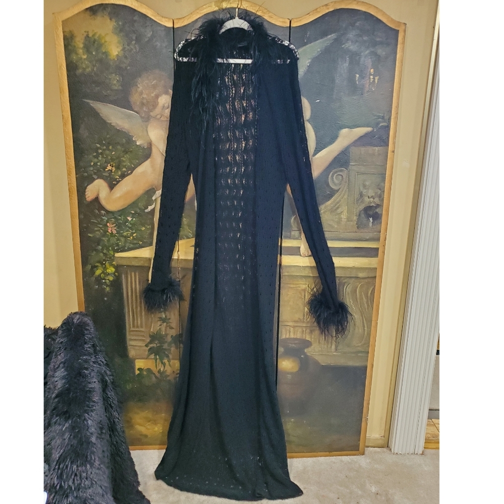 Bebe ultra rare vintage black crochet feather trim jacket cardigan sz. L